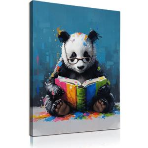 KU-DaYi Panda Reading Book Wall Art Decor, Cute Panda Bookish Canvas Prints Pictures Framed, Book Lovers Gifts Wall Art Prints for Home Reading Room Library Classroom Decor, 11x14 Inches
