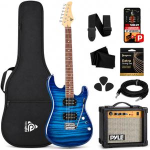 Pyle Electric Guitar Kit with Amp, Full Size Instrument with Humbucker Pickups, Guitarra Electrica Amplifier and Beginner Bundle Accessories, 39" Legacy Blue