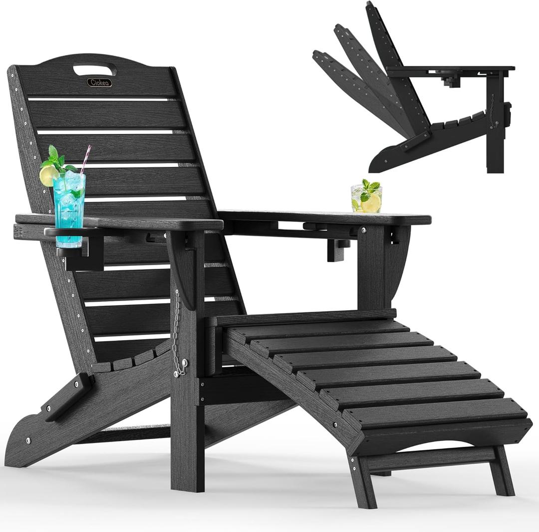 Ciokea Folding Adirondack Chair with Retractable Ottoman Fire Pit Patio Chair with Pull Out Foot Rest Weather Resistant Lawn Outdoor Lounge Chair with 2 Cup Holder (Black)