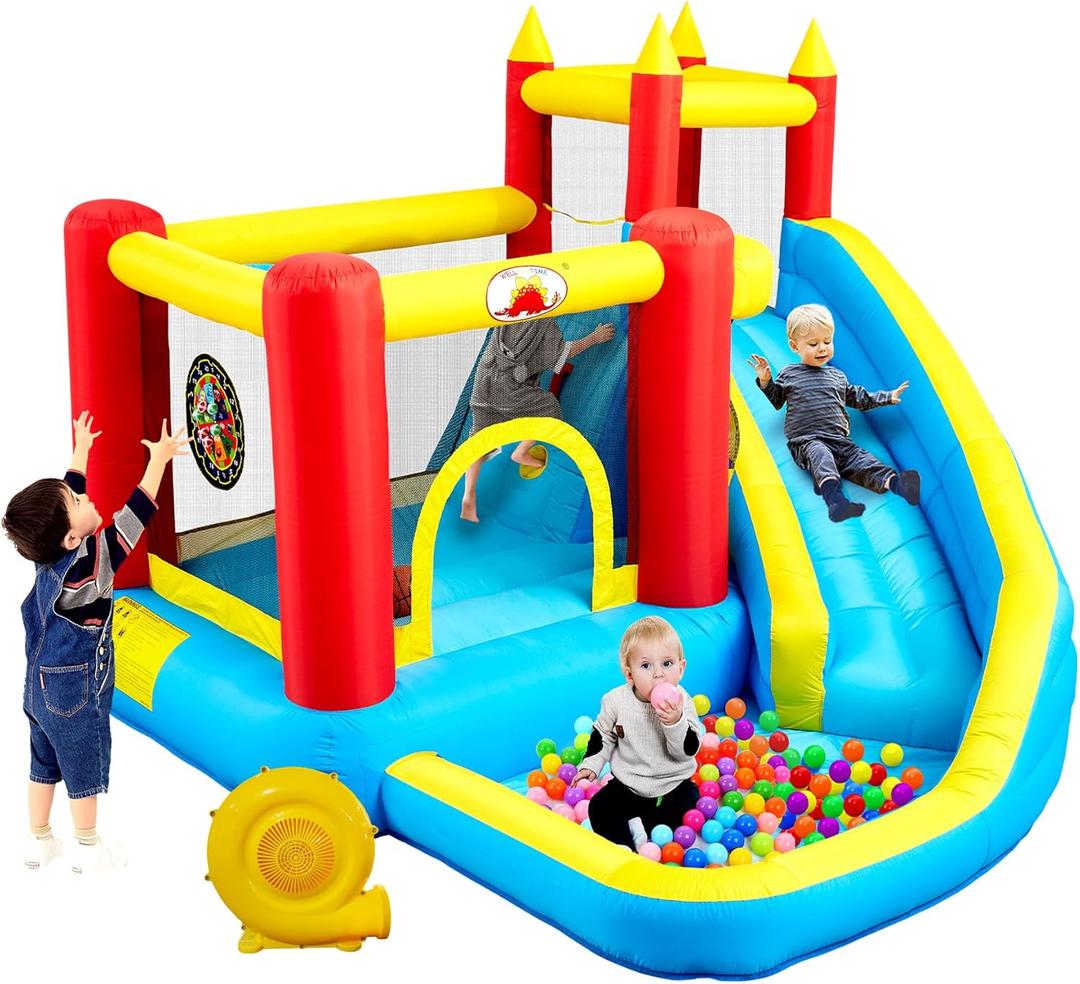 Inflatable Bounce House with Slide, Jumping Castle with Blower, Climbing Wall, Dartboard, Basketball Hoop and 50 Ball Pit Balls, 108x122x86 Inch