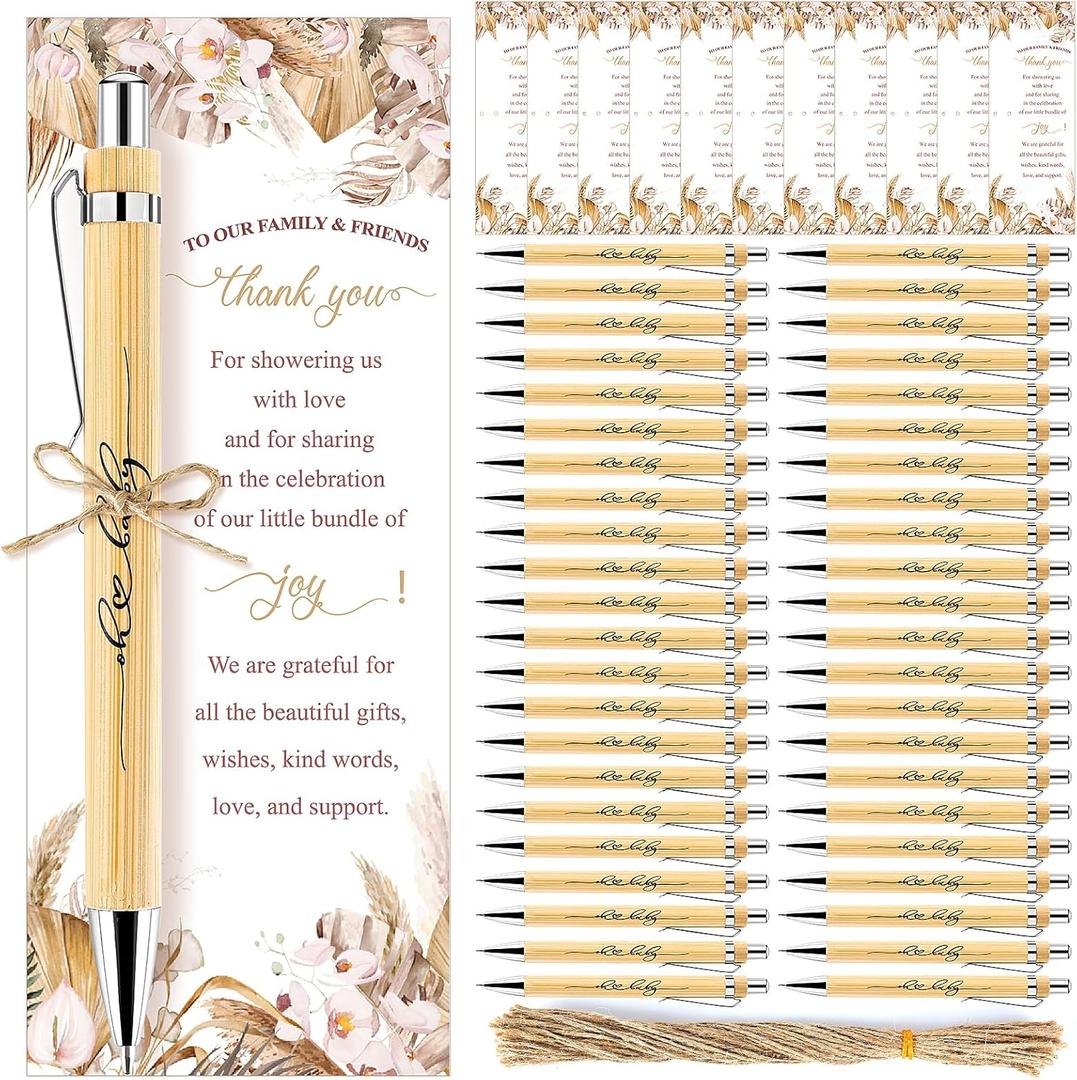 50 Sets Boho Baby Shower Ballpoint Pen Gifts for Guest Wood Bamboo Pens Thank You Cards Retractable Oh Baby Pens Bohemian Pampas Grass Floral Party Favors Souvenirs Prizes