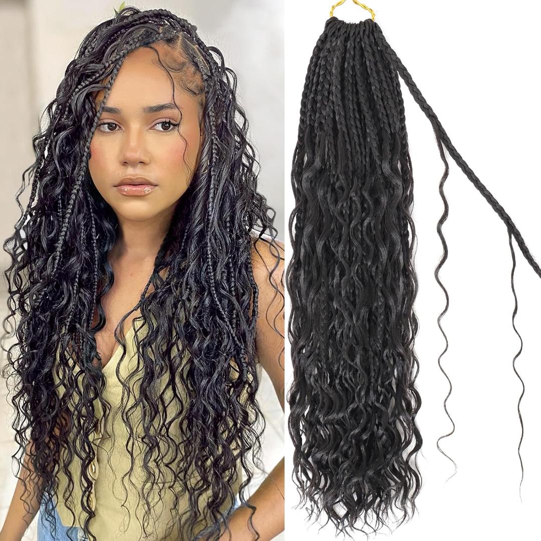 Eeanno Goddess Box Braids Crochet Hair for Black Women 24 Inch 7 Packs Natural Black Boho Hair Pre Looped Crochet Box Braids with Curly Ends, 1B