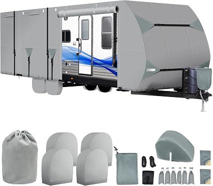 Travel Trailer RV Cover 22-24 ft, 7-Layer Thick，400 LBS Tear Resistance
Waterproof, Windproof & Anti-UV Camper Cover w/ Tongue Jack Cover, Gutter Covers, Tire Covers, Stair Cover, Straps & Storage