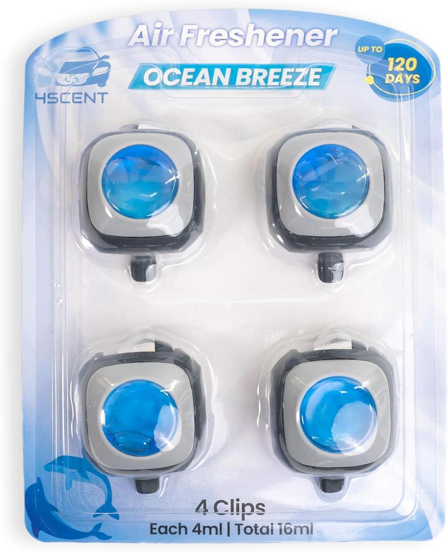 Car Air Fresheners Vent Clip | Perfect Scented Car Accessories for Men and Women | Essential Car Odor Eliminator | Long-Lasting Fragrance up to 120 Days | 4 Count 4 ml Each | Ocean Breeze