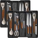 Lifewit Utensil Organizer for Kitchen Drawers, Expandable Cooking Utensil Tray, Adjustable Cutlery Silverware Flatware Holder, Plastic Kitchen Spatula Tools and Gadgets Storage Divider, 2 Pack, Black