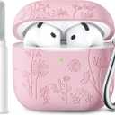 Lerobo for Airpods 4 Case Cover with Cleaner Kit, Cute Flower Engraved Silicone Protective Case Cover with Keychain Compatible with Apple Airpods 4 Case 2024 for Women and Girls, Pink