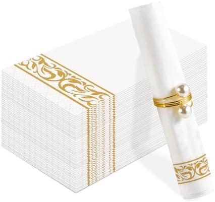 100 Pack Disposable Paper Napkins, Soft and Absorbent Hand Towels for Bathroom Decorative Napkins with Gold Trim 12.9"x15.6" Unfold, Ideal for Party, Wedding, Baby Shower Events