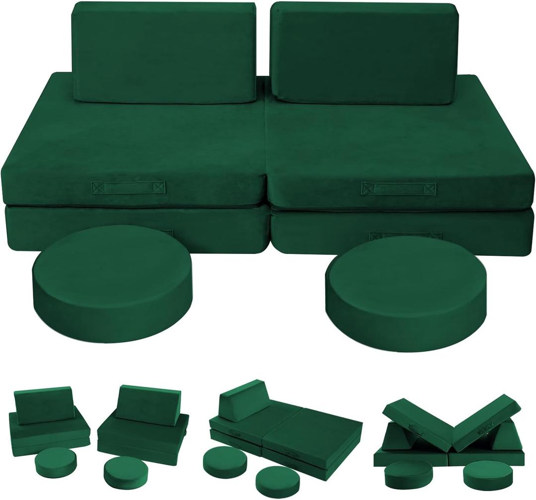 MeMoreCool 8-Piece Kids Play Couch  Modular Convertible Foam Sofa, Green Creative Playroom Furniture for Toddlers | Fold-Out Design | Machine-Washable Cover