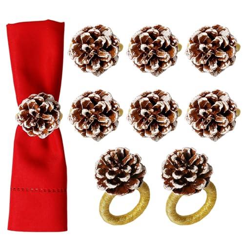 Christmas Napkin Rings Set of 8, Snow Pinecone Rings with Gold Rabbin Buckle Rustic Napkin Rings for Christmas Thanksgiving Holiday Table Dinner Celebration