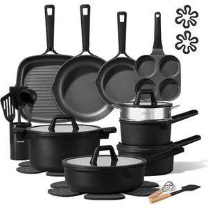 CAROTE 28PCS Pots and Pans Set, Nonstick Cookware Set Kitchen Non Stick Induction Titanium Cookware Non-toxic Granite Cooking set, PFOA Free, Black, 28 Piece