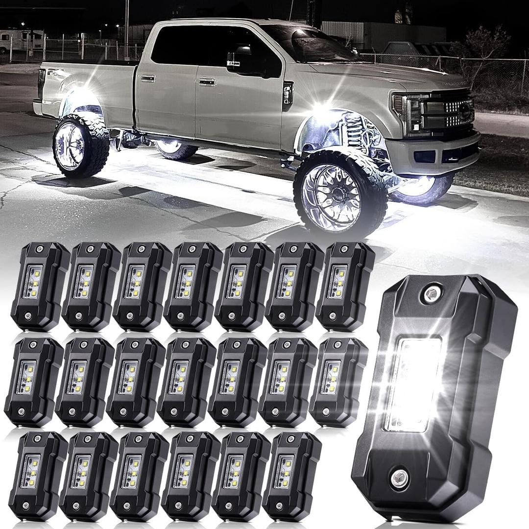 R4 White LED Rock Lights 20PCS for Trucks Off Road RZR Boat Car SUV ATV UTV Super Bright Under Glow Pure White Lights Trail TRAI Rig Lights High Power Waterproof Shockproof(20 Pods)