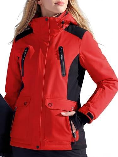 FREE SOLDIER Women's Waterproof Ski Snow Jacket Warm Fleece Lined Winter Rain Jacket with Hood Fully Taped Seams XL