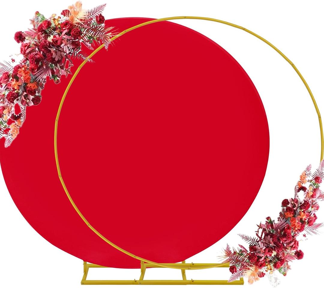 7.2ft Round Backdrop Stand and Red Covers 1 Stable Balloon Arch Stand with Base and 1 Polyster Circle Arch Covers Metal Wedding Arch Backdrop Stand Frame for Parties Baby Shower Garden Decorations