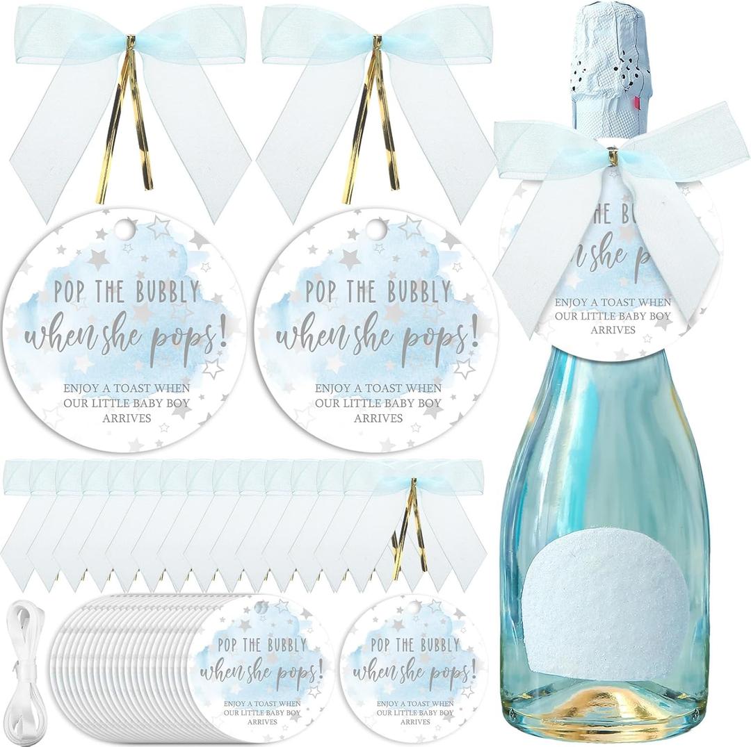 MotiMind 50 Set Pop Bottle Tags, Champagne Baby Shower Favor Labels When Pops Tags with Bows and Ribbon for Party Guest Gifts(Blue)