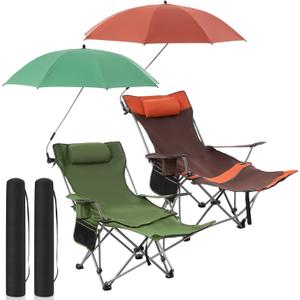 Yuntau 2 Set Reclining Beach Chairs with UPF 50+ Umbrellas, Upgraded Heavy Duty Portable Folding Lounge Camping Chair with Removable Footrest & Headrest for Outdoor Fishing Patio(Orange,Green)