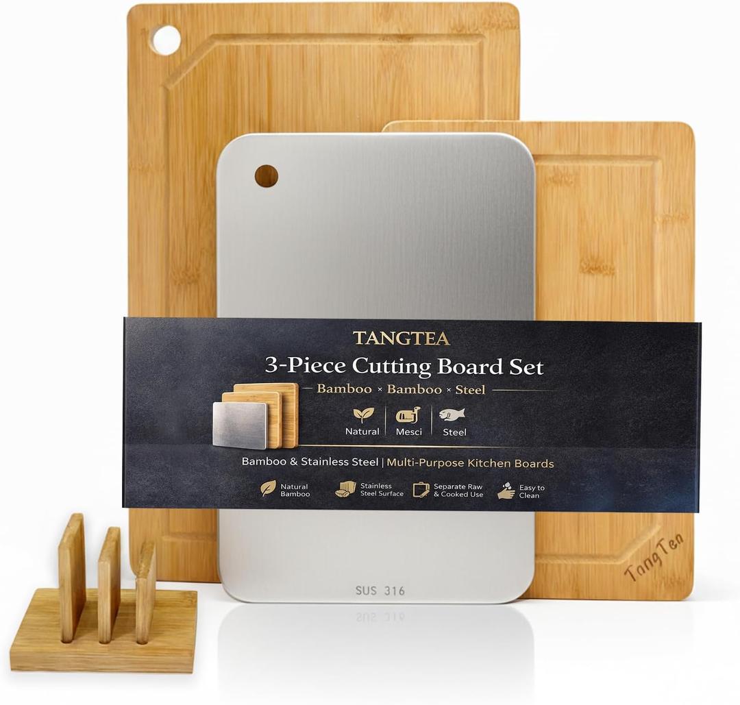 Bamboo Cutting Board Set with Stand - Small Cutting Boards for Kitchen & 316 Stainless Steel Defrosting Tray, 3-Piece Prep Station with Juice Grooves, Sturdy Heat Resistant Trivet for Hot Pans