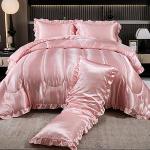 Satin King Comforter Set Silk Like Satin Bedding Set Hotel Soft Polyester Pink Bed Set Luxury Silky Pillow Cover with Quilt Set Ruffle Down Comforter Home Decor King