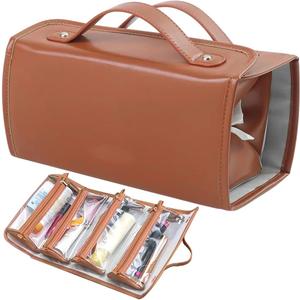 Travel Makeup Organizer Bag, Waterproof Cosmetic Bags for Women, Large Capacity Cosmetic Travel Bag with 4 Detachable Removable Zipper Clear TPU Pouches (Brown), 9.4"L x 4.7"W x 4.7"H