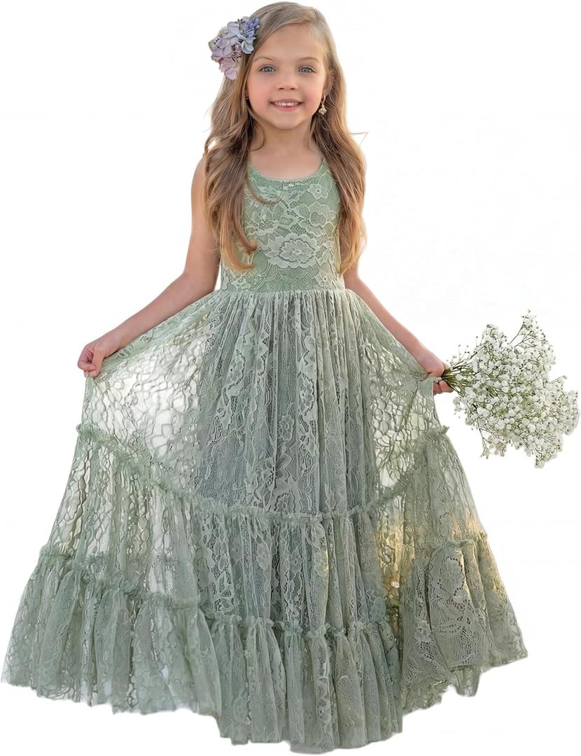 LalaMira Flower Girl Dress Lace Boho Toddler Dresses Ruffle Girl Dress for Wedding Garden Party Holiday Communion Sleeveless Sage Green-12 Years