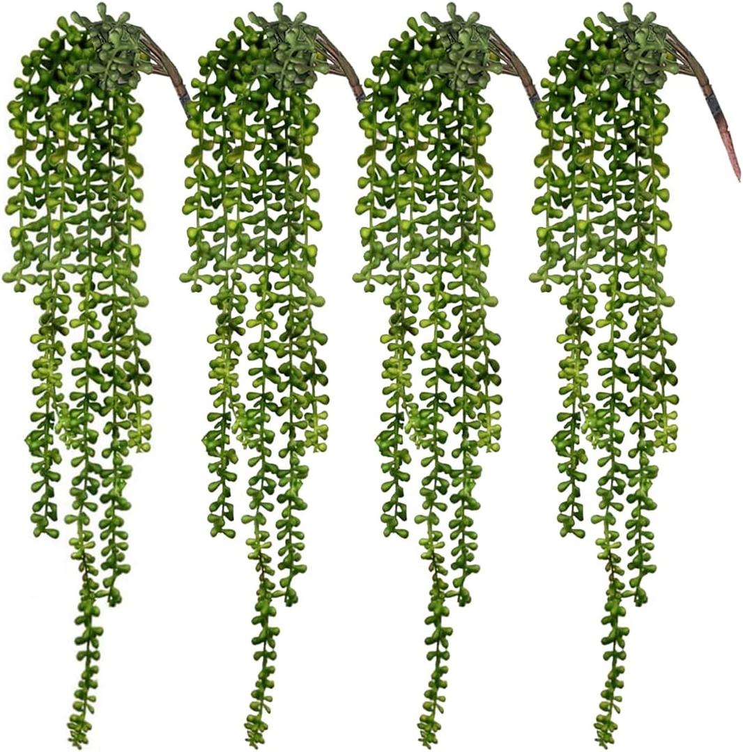 CEWOR 4pcs Fake Hanging Plants, String of Pearls Artificial Hanging Succulents Greenery Wall Backdrop Decor, Artificial Plants Indoor for Home Garden Outdoor Decoration