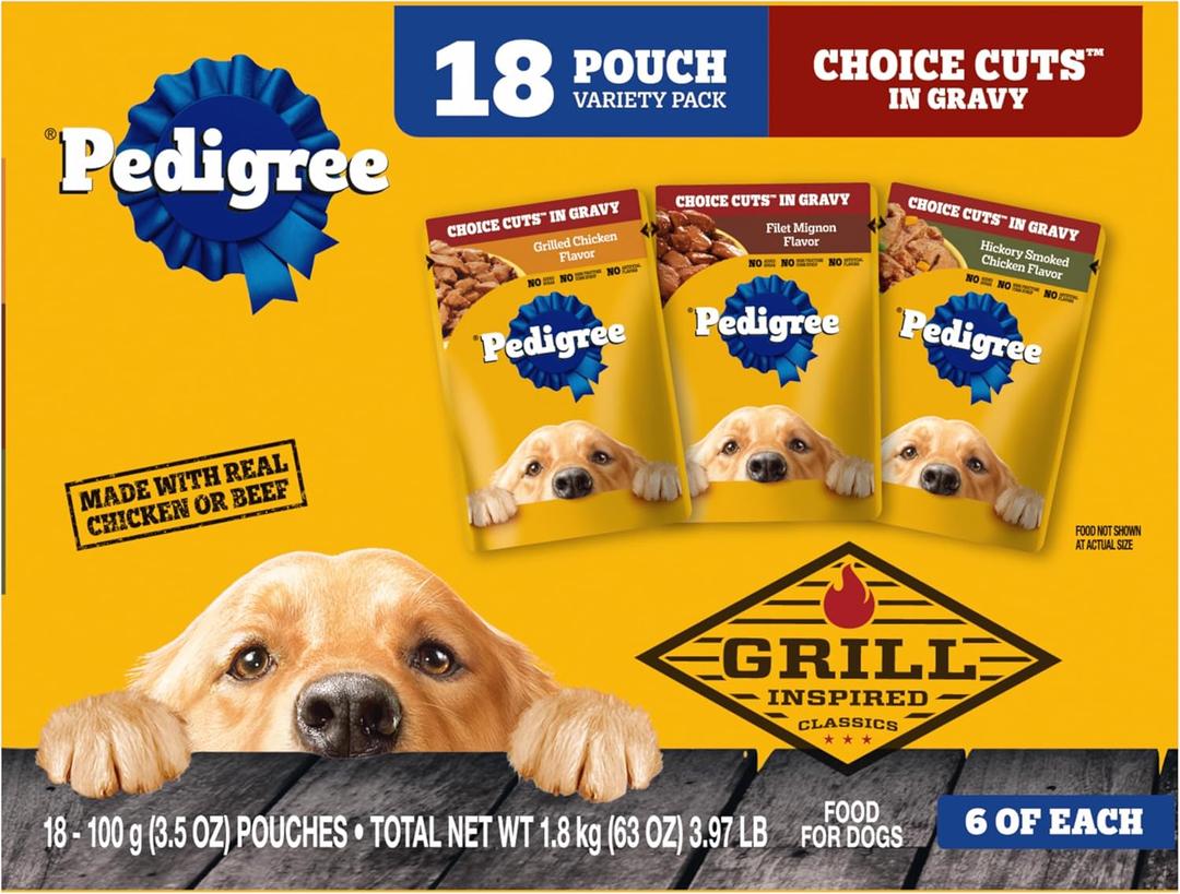 Pedigree Choice Cuts in Gravy Wet Dog Food, Adult Soft Wet Dog Food, Variety Pack, 3.5 oz. Pouches, 18 Count (EXP 04/30/28)