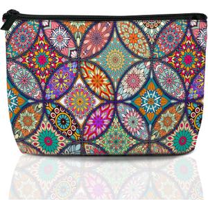 Boho Mandala Travel Makeup Bag,Vintage Flower Cosmetic Bags Small Waterproof Zipper Women Purse Mini Portable Traveling Organizer Pouch for Ladies Thanksgiving Gifts 
