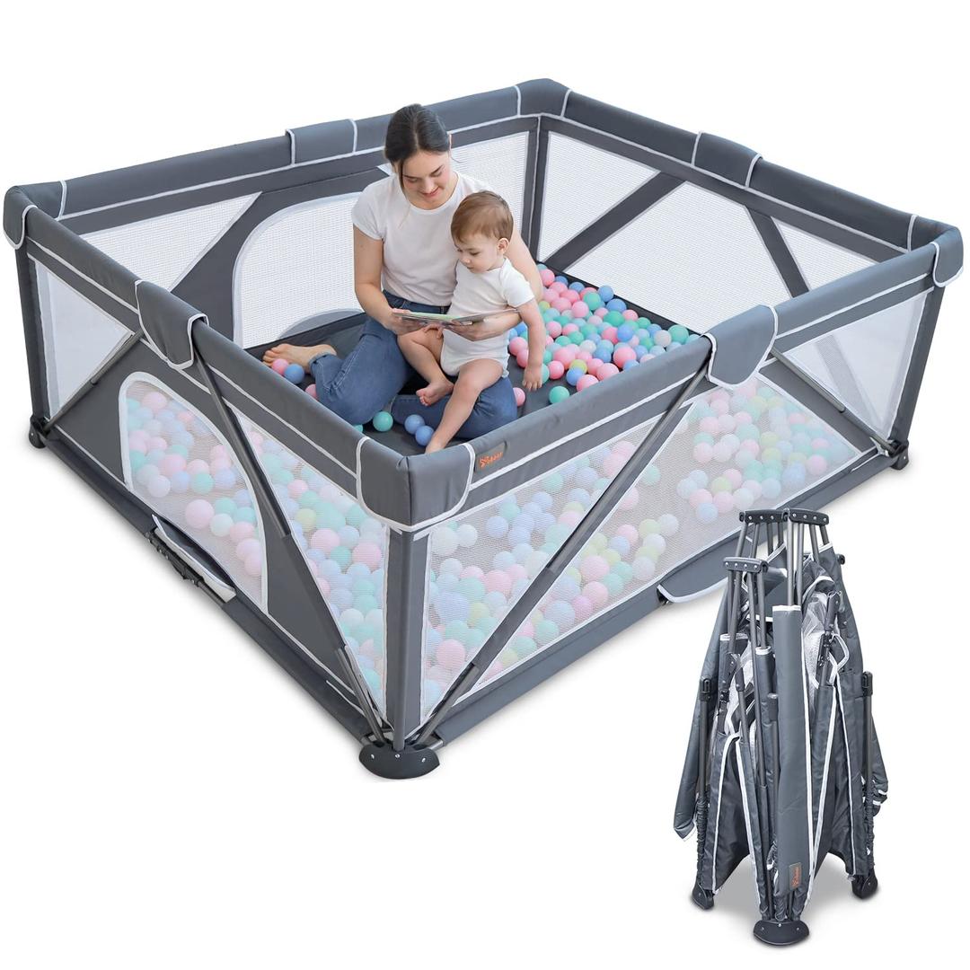Yobear Foldable Baby Playpen (71"x59") - Portable Play Yard for Babies and Toddlers with 50 Ocean Balls, 2 Pull Handles & Carry Bag - Easy Setup Safe Indoor Outdoor Kids Activity Center (Dark Grey)