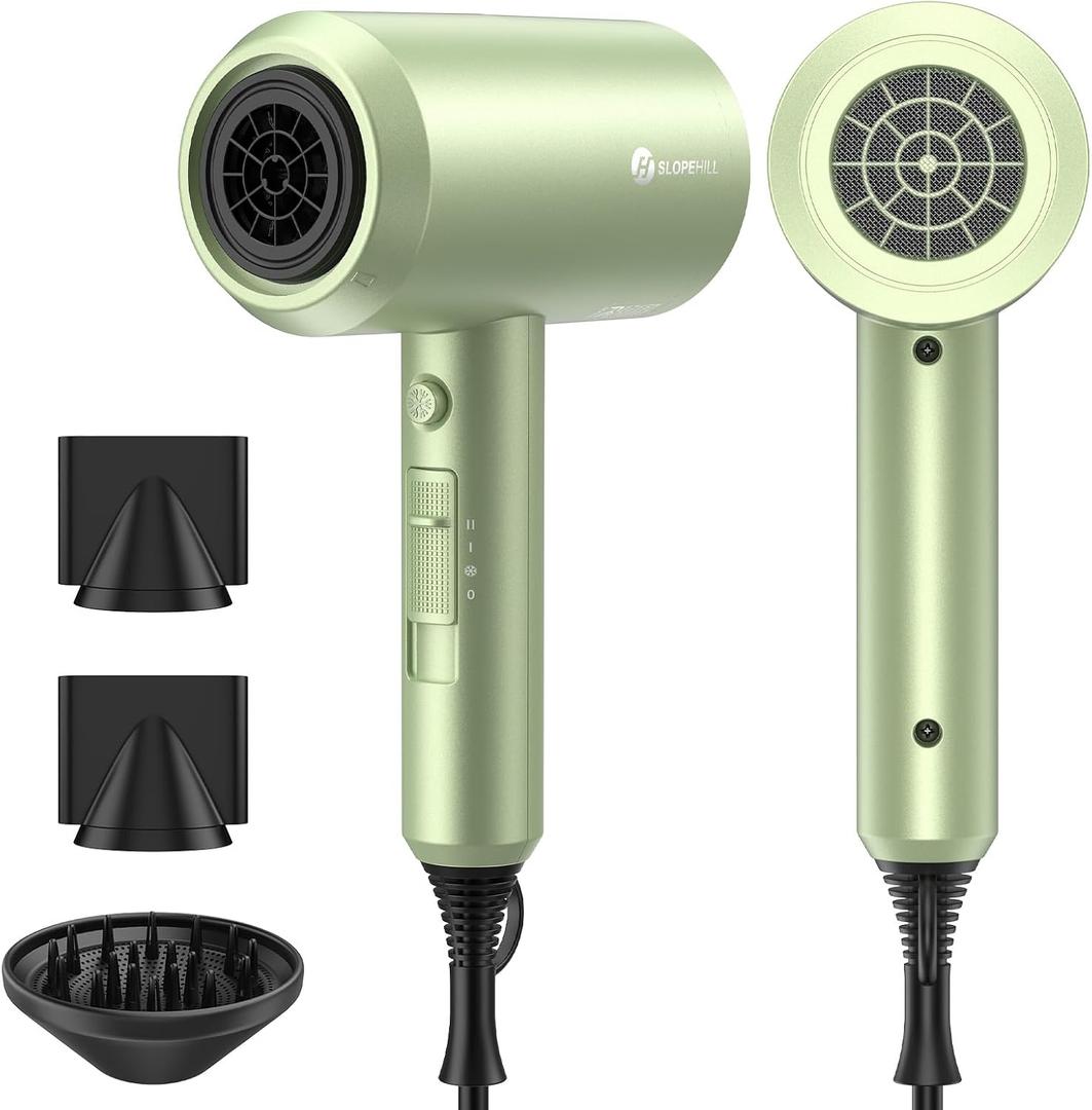Slopehill Professional Ionic Hair Dryer, Powerful 1800W Fast Drying Low Noise Blow Dryer with 2 Concentrator Nozzle 1 Diffuser Attachments for Home Salon Travel (Lime Cream)