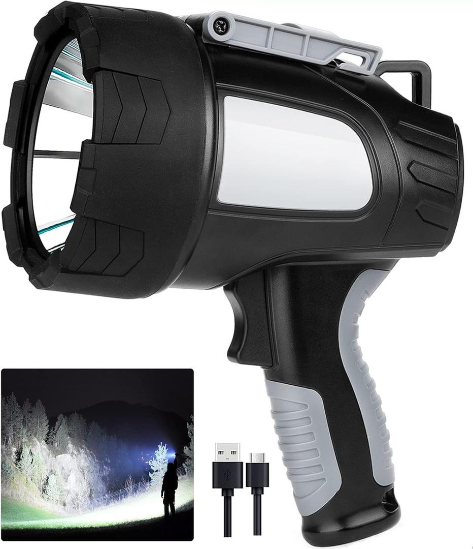 LBE Rechargeable Spotlight Outdoor, 2,000,000 Lumens Led Spotlight Flashlight with Cob Light and Foldable Tripod, 6 Modes Waterproof Handheld Spot Light for Outdoor Marine Boating Hnting