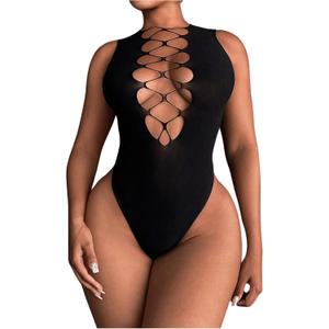 SHENHE Women's Cut Out Criss Cross Deep V Sleeveless Sexy Plunge Neck Bodysuit Clubwear (Black)