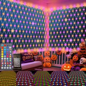 Color Changing Net Lights, 34 Colors Christmas Outdoor Mesh Lights with Remote, 14.8x4.9 ft 240 LED RGB Halloween Net Light Connectable Plug in Waterproof for Bush Thanksgiving Christmas Decoration (Clear Wire)