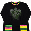 Women's Bold Black Long Sleeve Tunic | Vibrant Tie-Dye Accents & Stunning Rhinestone Fleur-de-lis | Unique Casual Comfort, Small