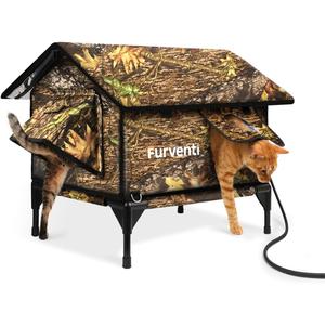 Heated Cat House for Outside,Extremely Weatherproof&Insulated in Winter,Elevated Outdoor Cat Shelter with Waterproof Eaves&Escape Door for Feral Stray Barn Cats(Leaves,M)