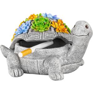 LESES Ashtray, Outdoor Ashtray with Lid Smokeless Waterproof Ash Tray with Cute Turtle Decor, Resin Ashtrays for Cigarettes Home Office, Porch Patio Decorations Indoor (Grey)