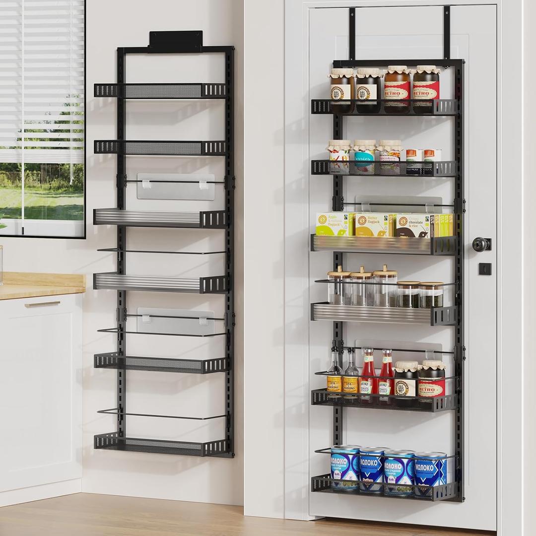 6-Tier Over the Door Pantry Organizer, 2 in 1 Large Door Spice Rack with Adjustable Metal Baskets, Heavy Duty Hanging or Wall Mounted Storage Organizer for Kitchen Pantry and Room Wall (Black)