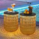 HMVPL Solar Outdoor Side Table Set of 2 with Dimmable Light, Round Patio Side Table for Outside, Outdoor End Accent Tables, Plastic Rattan Patio End Table for Poolside Backyard Gazebo, Dusk to Dawn
