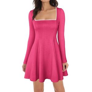 Lrady Womens Square Neck Bodice Dress Long Sleeve Flare A Line Club Party Mini Ruffle Swing Short Dresses, Hot Pink, Medium