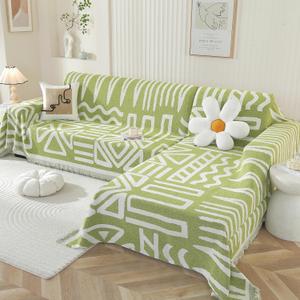 OstepDecor Boho Sectional Couch Covers 2 Pieces, L Shaped Sofa Cover, Chenille Couch Cover for Dogs Washable, Couch Cover Blanket, Sofa Slipcover for 2-3 Cushion Couch (71"x118"+91"x134", Green)