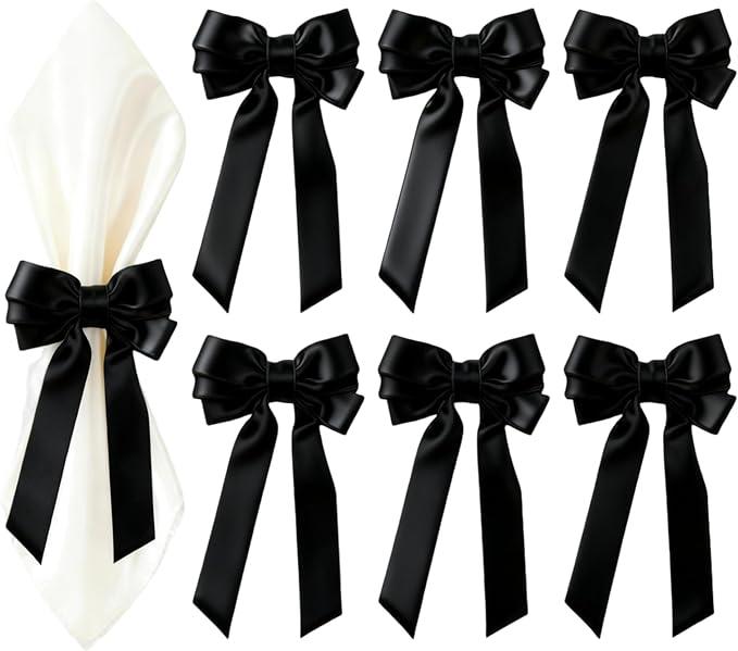 Satin Bow Napkin Rings for Holiday Table Decor, Christmas, Wedding, Party Dining (Black, 2 pcs)