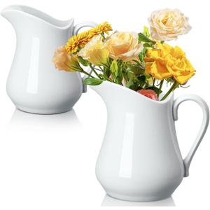 Domensi 2 Pcs 34oz White Ceramic Pitcher Vase Farmhouse Jug Vase Rustic Ceramic Pitchers with Handle Vintage White Flower Pots for Living Room Home Decor Bouquet Floral Arrangement Gifts