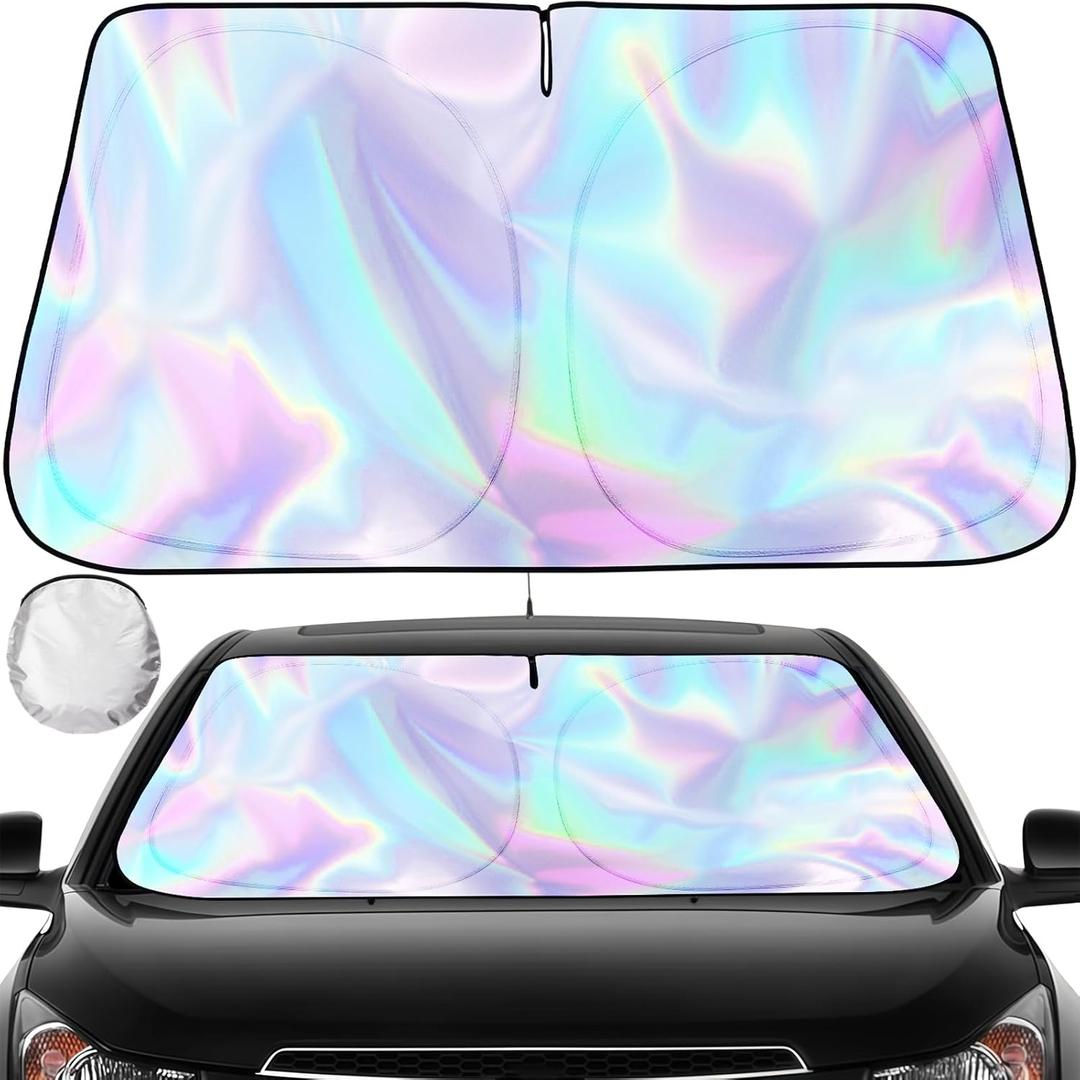 Iridescent Sun Shade for Car Windshield, Foldable Universal Car Windshield Upgrade Sunshade Enhanced UV Rays Reflective Sun Visor Shade Keeps Vehicle Cool (Silver- Colorful, 57"x31.5")
