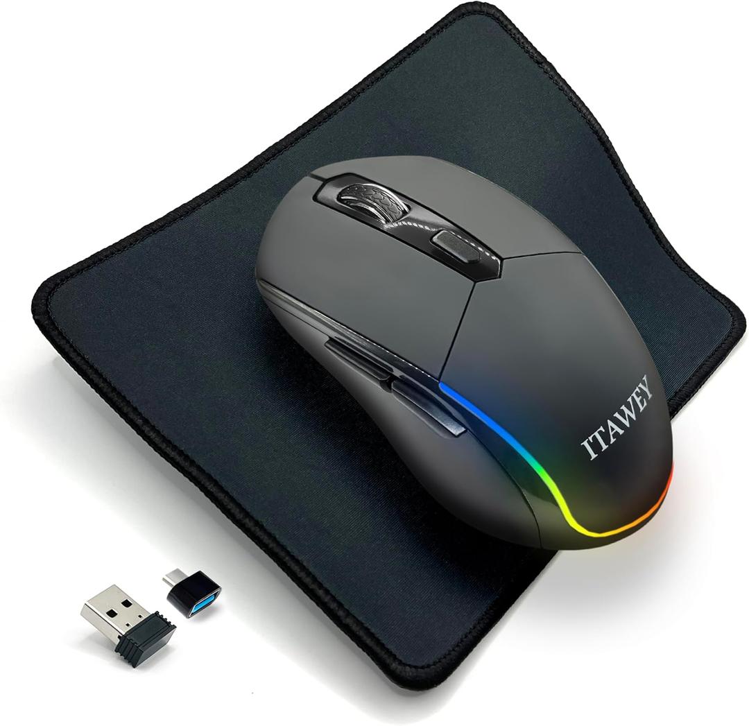 Wireless Mouse & Pad Combo – Multicolor LED Strip, Bluetooth & USB Receiver, Tri-Mode, 6 Buttons, Rechargeable, Quiet Clicks, USB-C Converter, Precision 3200 DPI – for PC, Laptop & Tablet (Black)