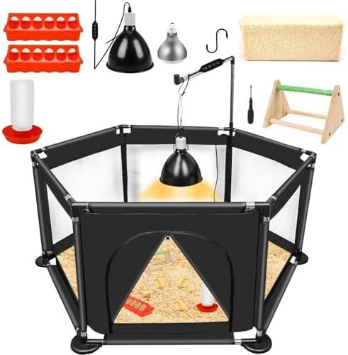 Chicks Brooder Box for Chicken Starter Kit- Includes Timing Heat Lamp Set, Detachable Chicken Brooder, Up to 15 Chicks, Sawdust, Chick Feeder and Waterer Set, Chick Perch 6-in-1 Chicken Coop Set.(B)
