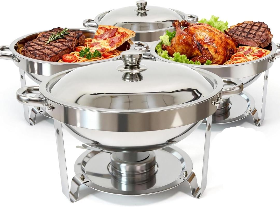 6QT Chafing Dishes for Buffet, 304 Stainless Steel Food Pan with, Round Chafing Dish Buffet Set of 4 Pack Food Warmer, Food Warmers for Parties Buffet Catering Events Dinners, Silver
