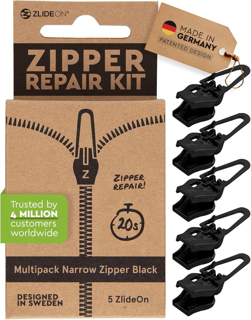 Zlideon Zipper Repair Kit for Narrow Zippers - 5pcs, Black | Instant Zipper Pull Replacement Slider for Dresses, Bedding, Hoodies, Light Jackets, Inner of Handbags | Easy to Install | Made in Germany