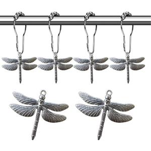 Dragonfly Bathroom Shower Curtain Hooks - Rust Proof Shower Curain Rings,Decorative Bathroom Accessories Set, Natural Forest Garden Country Farm Theme Bathroom Decor, 12PCS (Silver)