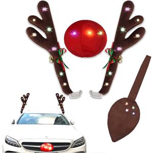 Christmas Reindeer Antlers Car Decoration Kit, LED Multicolor Lights Nose Vehicle with Jingle Bells Rudolph, Auto Holiday Accessories for SUV Van Truck Decor
