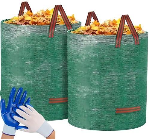COLORFULHOPE 2-Pack 132 Gallons Reusable Heavy Duty Yard Waste Bags with Coated Gloves – Durable Weed Bag for Garden Leaves and Waste Collection, Lightweight Portable Yard Trash Bag, Green