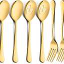 LIANYU 6 Pack Large Gold Serving Spoons and Forks Set, 9.8 Inch Stainless Steel Buffet Catering Party Banquet Serving Spoon Fork, Mirror Finished, Dishwasher Safe