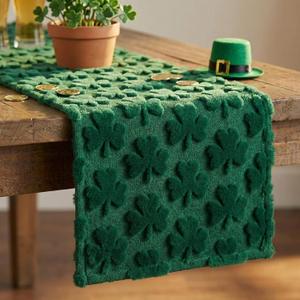 Macarrie St. Patrick's Day Table Runner Green Soft Plush Faux Fur Jacquard Shamrock Tabletop Runner 13 x 71 Inch Clover Seasonal Holiday Kitchen Dining for Home Indoor Mantel Party Decoration